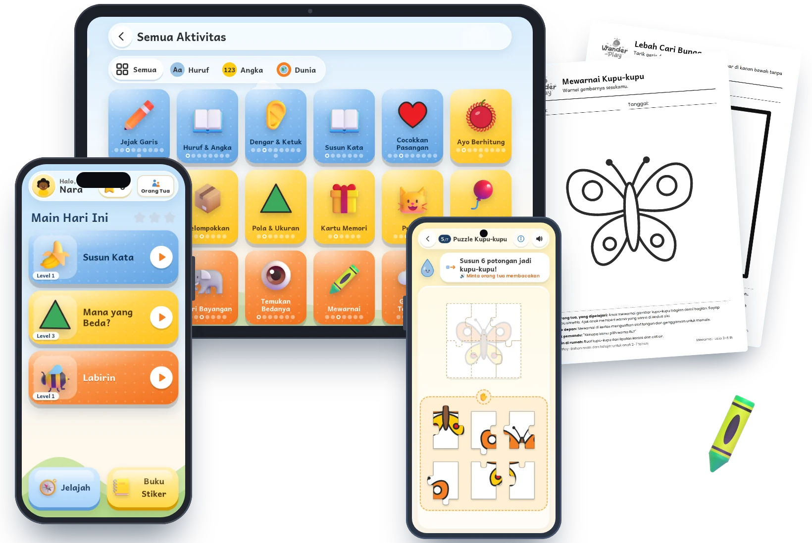 WanderPlay di iPhone, Android, iPad, dan lembar kerja yang dicetak